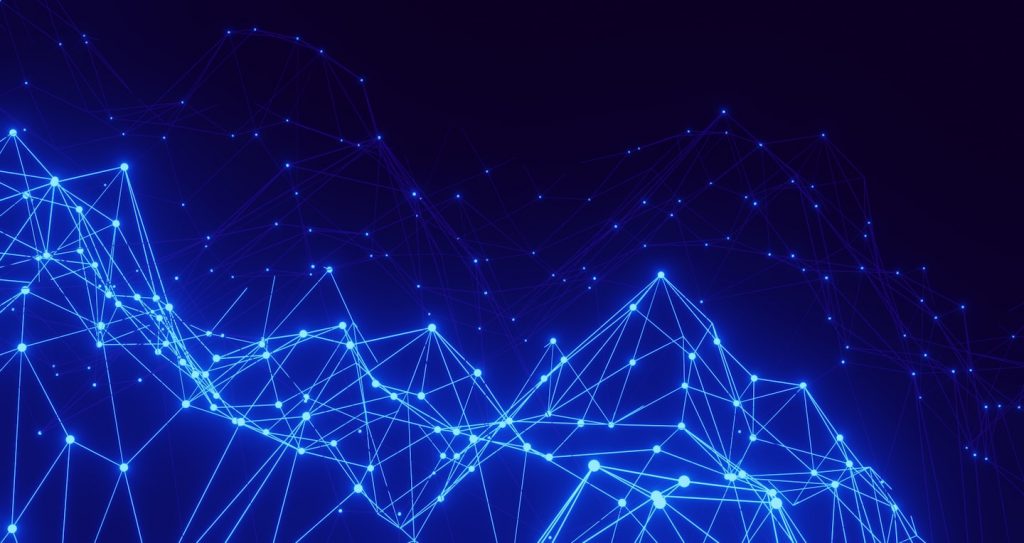 Abstract data network visualization representing intelligent systems, machine learning algorithms, and quantum computing