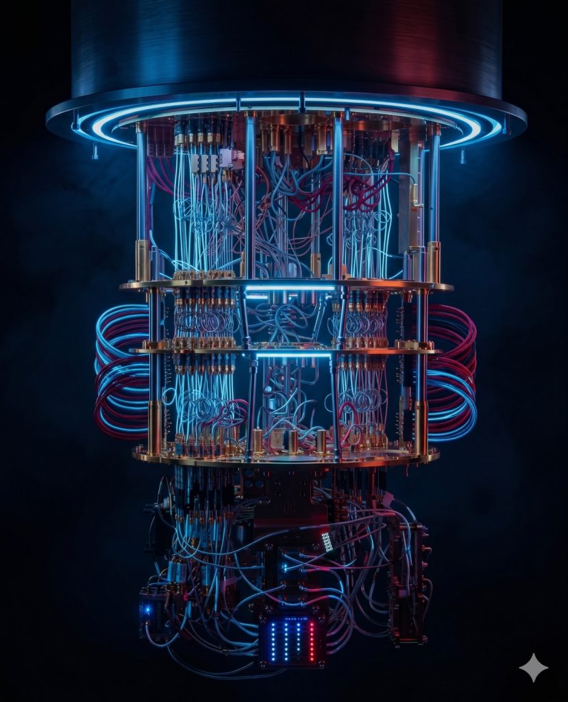 Close-up of a Quantum Processing Unit (QPU) with cryogenic cables for computer engineering and high performance computing.