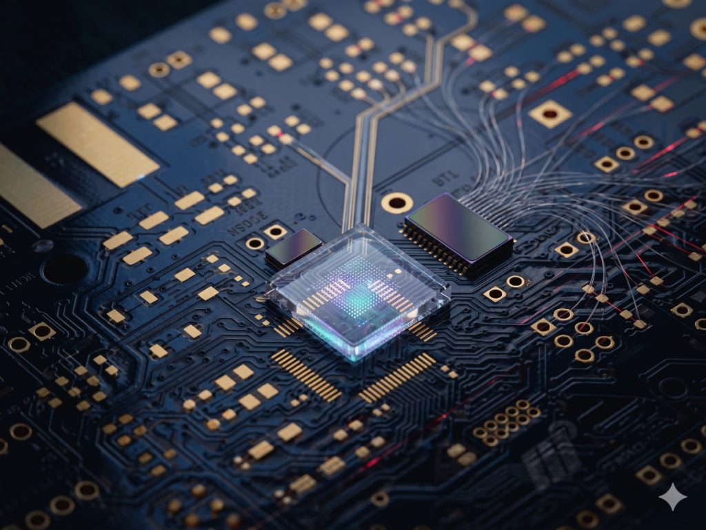 Close-up of a technical hardware circuit board layout for computer science development.