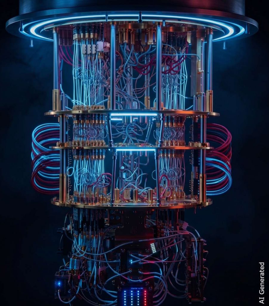 Close-up of a Quantum Processing Unit (QPU) with cryogenic cables for computer engineering and high performance computing. AI-Generated.